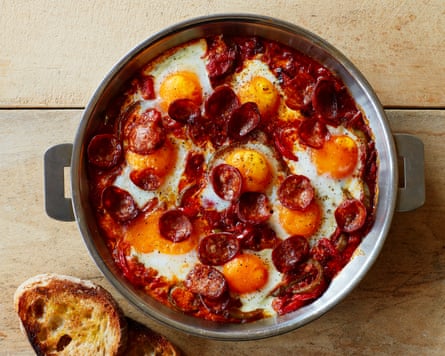 Thomasina Miers’ piperade with baked eggs and crispy chorizo.
