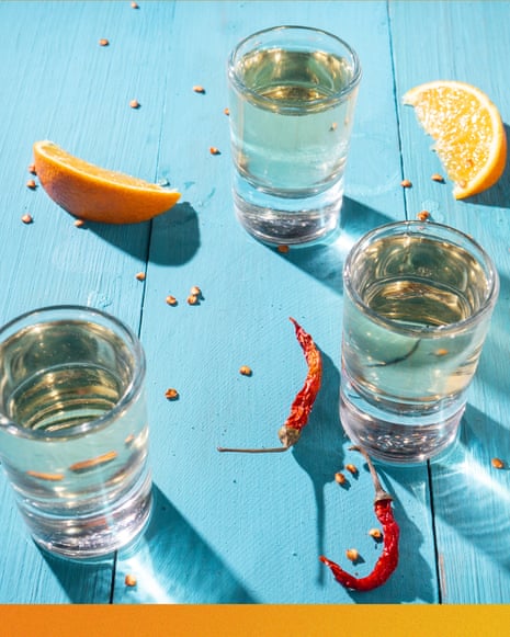Mexican mezcal shots with a slice of orange fruit on a wooden background
