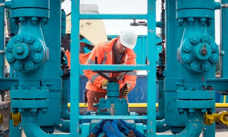 A worker at the Cuadrilla fracking site in Preston New Road, Lancashire