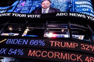 People wait on election results in Time Square in Manhattan, New York on Tuesday, November 3, 2020.