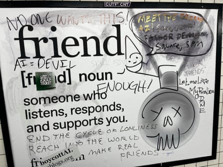 Advertising for the AI Friend which has been defaced.