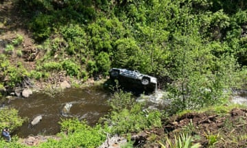 Pickup truck in bottom of bright green ravine in the on its side on the bank of a creek.