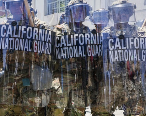 California National Guard members participate in crowd control during immigration raid protests near the Edward R. Roybal Federal Building in Los Angeles