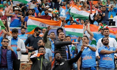 India fans celebrate a four from KL Rahul during their team’s World Cup match against South at the Ageas Bowl.