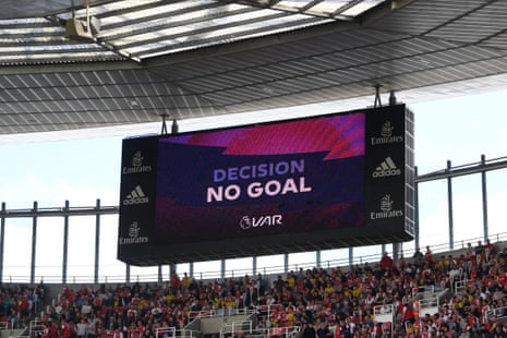 A goal scored by Reiss Nelson of Arsenal is checked and later disallowed by VAR.