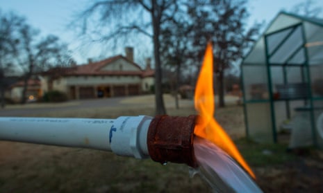 Methane gas flares up at a fracking site in Texas. 