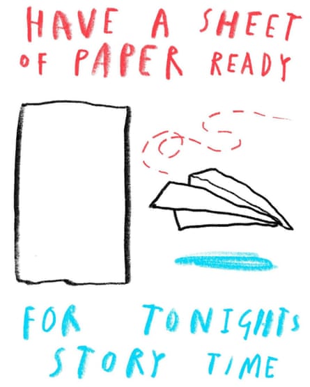 A paper craft activity, illustrated by Oliver Jeffers, who is hosting children’s workshops on Instagram. It reads 'Have a sheet of paper read for tonight's story time' and shows a piece of paper and a paper plane.