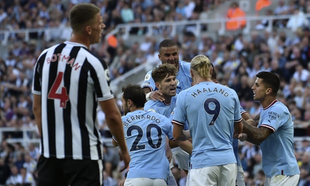 Manchester City celebrate Bernardo Silva’s equaliser in the 3-3 draw at Newcastle