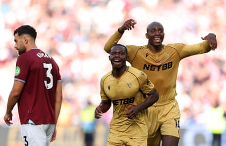 Tyrick Mitchell celebrates Palace’s second goal with Jean-Philippe Mateta.