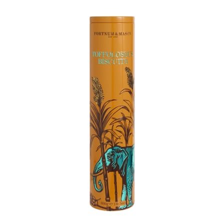 Orange cylindrical tin of Fortnum’s Toffolossus biscuits