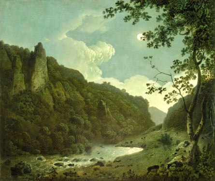 A painting of a river in a valley with wooded hillsides