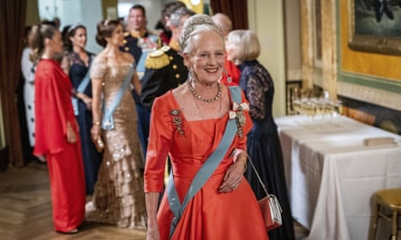 Queen Margrethe II of Denmark greets guests during a break at the Danish Royal Theatre to mark the 50th anniversary of her accession to the throne.