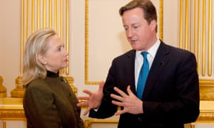 David Cameron talks to Hillary Clinton during the Somalia Conference at Lancaster House in February 2012.