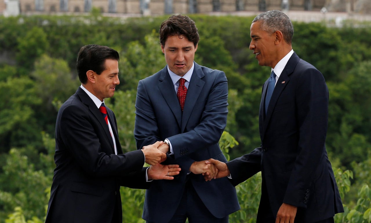 Obama Trudeau And Pena Nieto Share Awkward Three Way Handshake Video Us News The Guardian Obama Trudeau And Pena Nieto Share Awkward Three Way Handshake Video Us News The Guardian