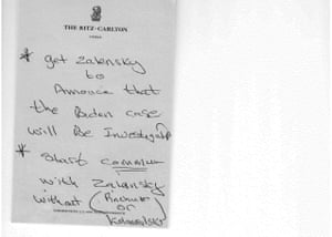 One of the handwritten notes that the House Intelligence Committee provided as evidence.