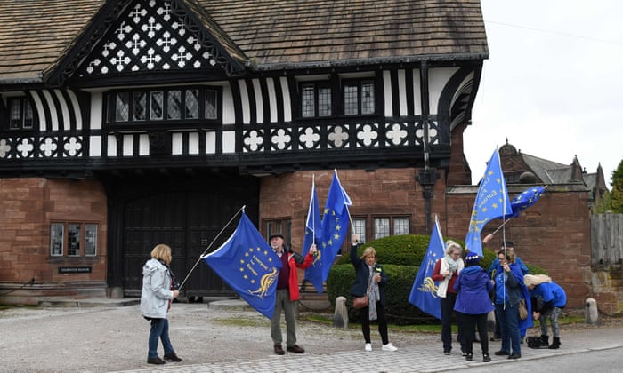 Anti-Brexit campaigners outside Thornton Manor Hotel, near Birkenhead, where Boris Johnson is meeting Leo Varadkar.