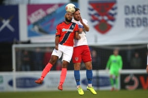 James Comley (left) playing for Maidenhead against Dagenham & Redbridge this season.