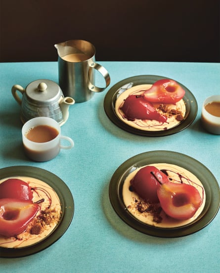 three plates of dessert with a jug of custard, cup of tea and a teapot