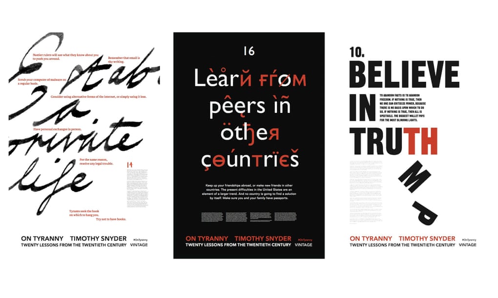 Three of Timothy Snyder’s 20 On Tyranny posters.