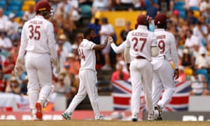 West Indies’ Veerasammy Permaul celebrates after taking the wicket of England’s Alex Lees.