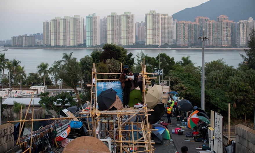A makeshift bamboo watch tower outside the Chinese University of Hong Kong.