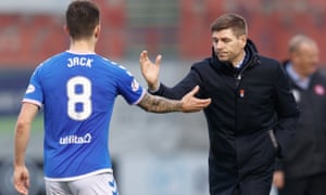Ryan Jack is congratulated by manager Steven Gerrard after the final whistle.