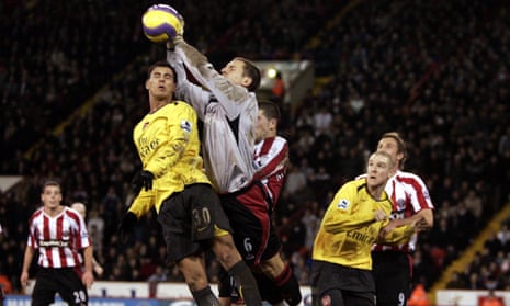 Phil Jagielka claims a high ball above Arsenal’s Jeremie Aliadiere during his stint in goal back in 2006