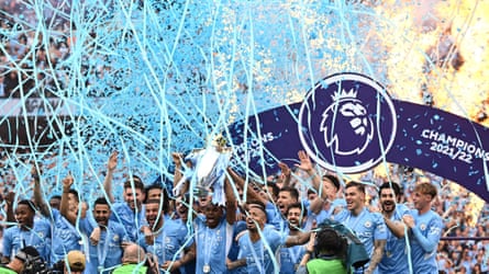 Manchester City celebrate their most recent Premier League title last May.