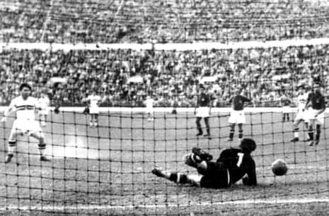 Ferenc Puskás (left) scores the opening goal in Hungary's 2-0 win over Yugoslavia in the gold medal match at the Helsinki Olympics in August 1952. Zoltán Czibor scored the other goal at the Olympic Stadium, Helsinki in front of 58,553 fans.