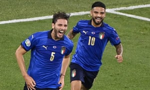 Manuel Locatelli (L) of Italy celebrates with team-mate Lorenzo Insigne after scoring.