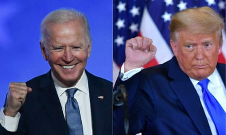 This combination of pictures shows Joe Biden and Donald Trump pumping their fists during an election night speech on 4 November 2020
