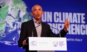 Former US president Barack Obama gives a speech during the Cop26 summit at the Scottish Event Campus (SEC) in Glasgow