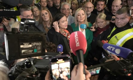 Mary Lou McDonald and Michelle O’Neill in a media scrum