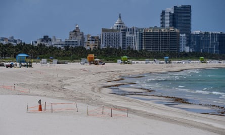 A deserted beach is seen in Miami Beach, Florida.