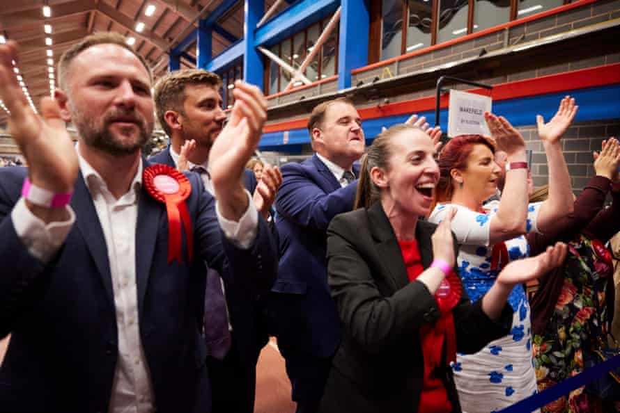 Labour supporters celebrating the result at the Wakefield count.