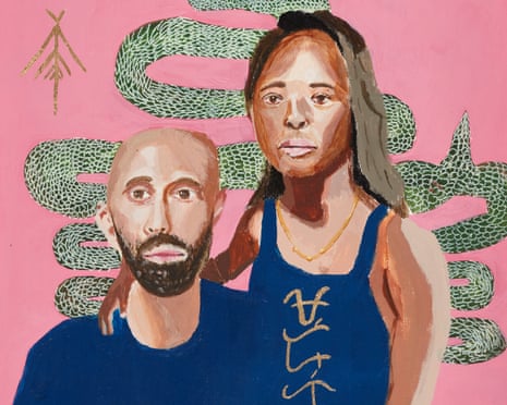 Painting in synthetic polymer paint and marker with imitation gold leaf detailing, showing a man and a woman standing close together and wearing tops with Baybayin script on them. The background of the painting is bright pink, with the large curving form of a snake over the top