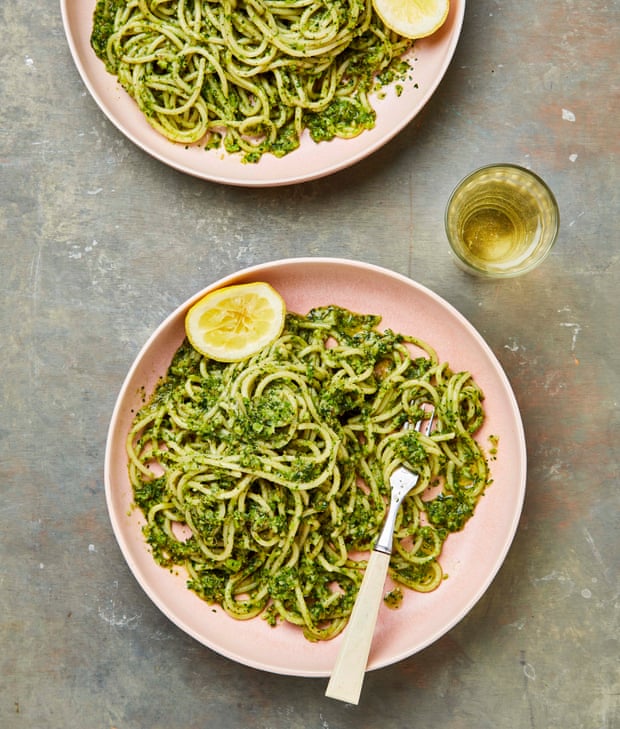 Meera Sodha’s whole broccoli and zhoug spaghetti.