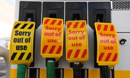 Petrol pumps at a closed garage in London, 2021.