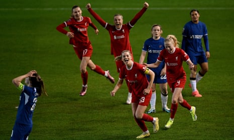 Gemma Bonner (number 23) celebrates scoring Liverpool's fourth goal during the Women’s Super League against Chelsea.