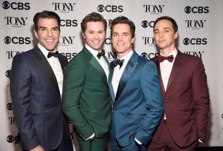 Zachary Quinto, Andrew Rannells, Matt Bomer and Jim Parsons backstage at the Tony awards at Radio City Music Hall, 2018, in New York.