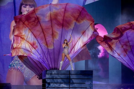 Taylor Swift during the first of her two performances at the Santiago Bernabeu Stadium, on 29 May, 2024 in Madrid