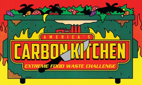 illustration of a sign saying ‘america’s carbon kitchen: extreme food waste challenge’