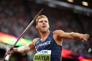 France’s Kevin Mayer competes in the men’s decathlon javelin.