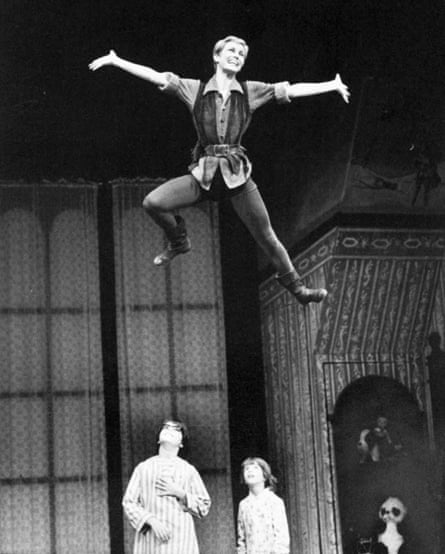 Winter (bottom left) and Jonathan Ward watch Sandy Duncan fly across the stage in a performance of Peter Pan
