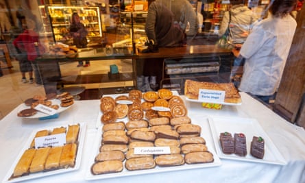Carbayones (glazed almond cream-filled pastries) in a cake shop