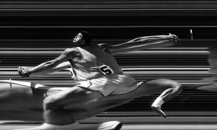 Hammer thrower Ed Bagdonis appearing extremely elongated while in motion, due to pic having been taken at slow speed, during US Olympic trials, 1960