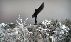 The 20-metre high Angel of the North seen from below after snowfall