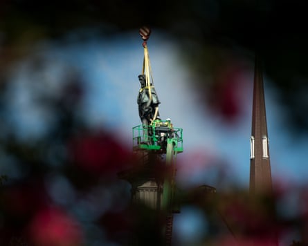 A statue of Calhoun is taken down in Charleston, South Carolina in 2020.