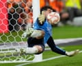 Real Sociedad goalkeeper Unai Marrero makes a save during Copa del Rey final penalty shootout.