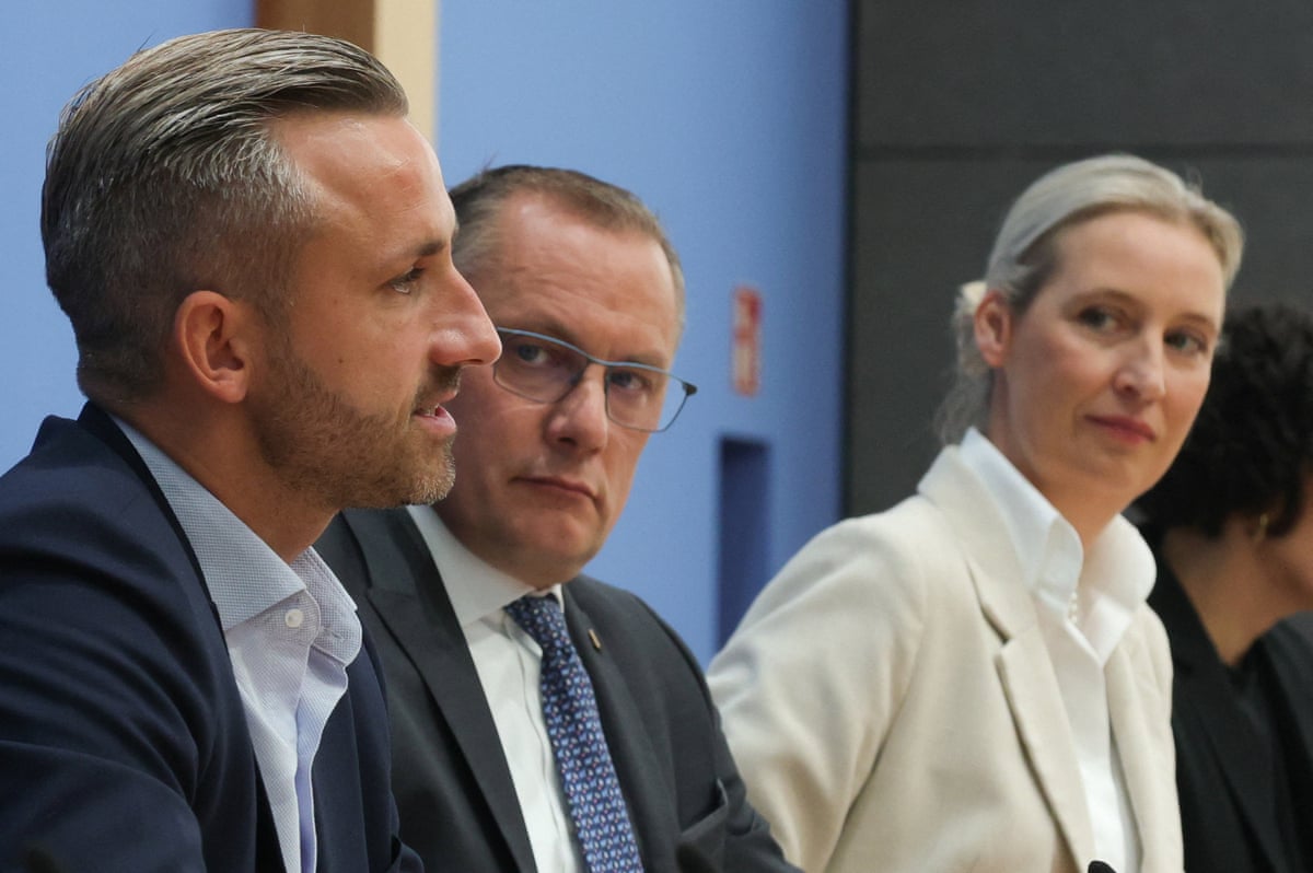 Far-right Alternative for Germany (AfD) party co-leaders Alice Weidel and Tino Chrupalla, and top candidate Ulrich Siegmund, attend a press conference, the day after the Saxony-Anhalt state elections, in Berlin, Germany.